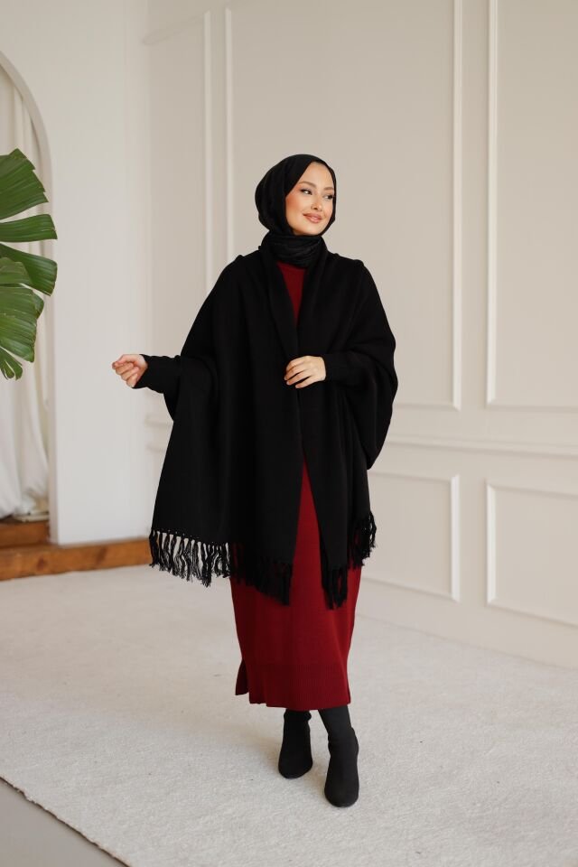 Triko Şal Panço Siyah