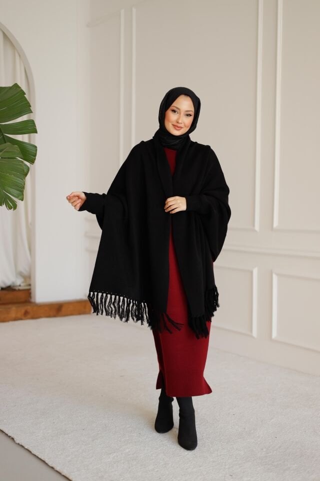 Triko Şal Panço Siyah