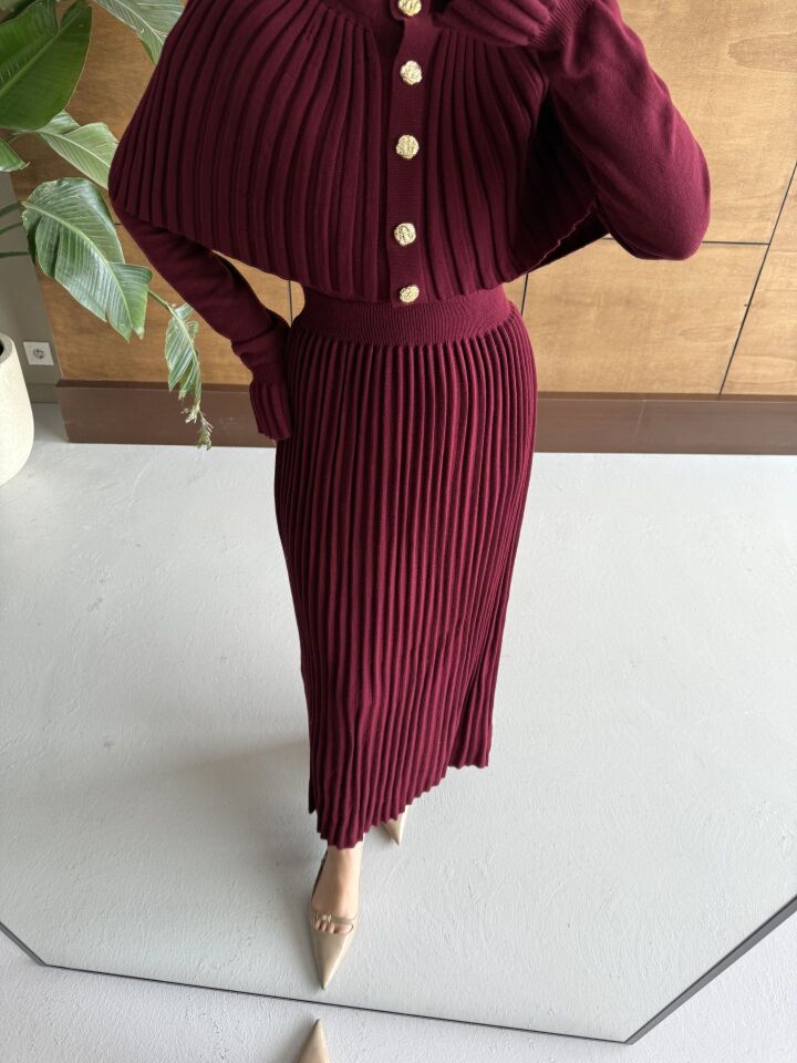 Pelerin Detaylı Triko Elbise Bordo