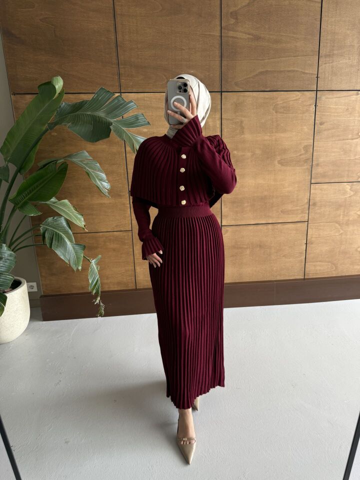 Pelerin Detaylı Triko Elbise Bordo