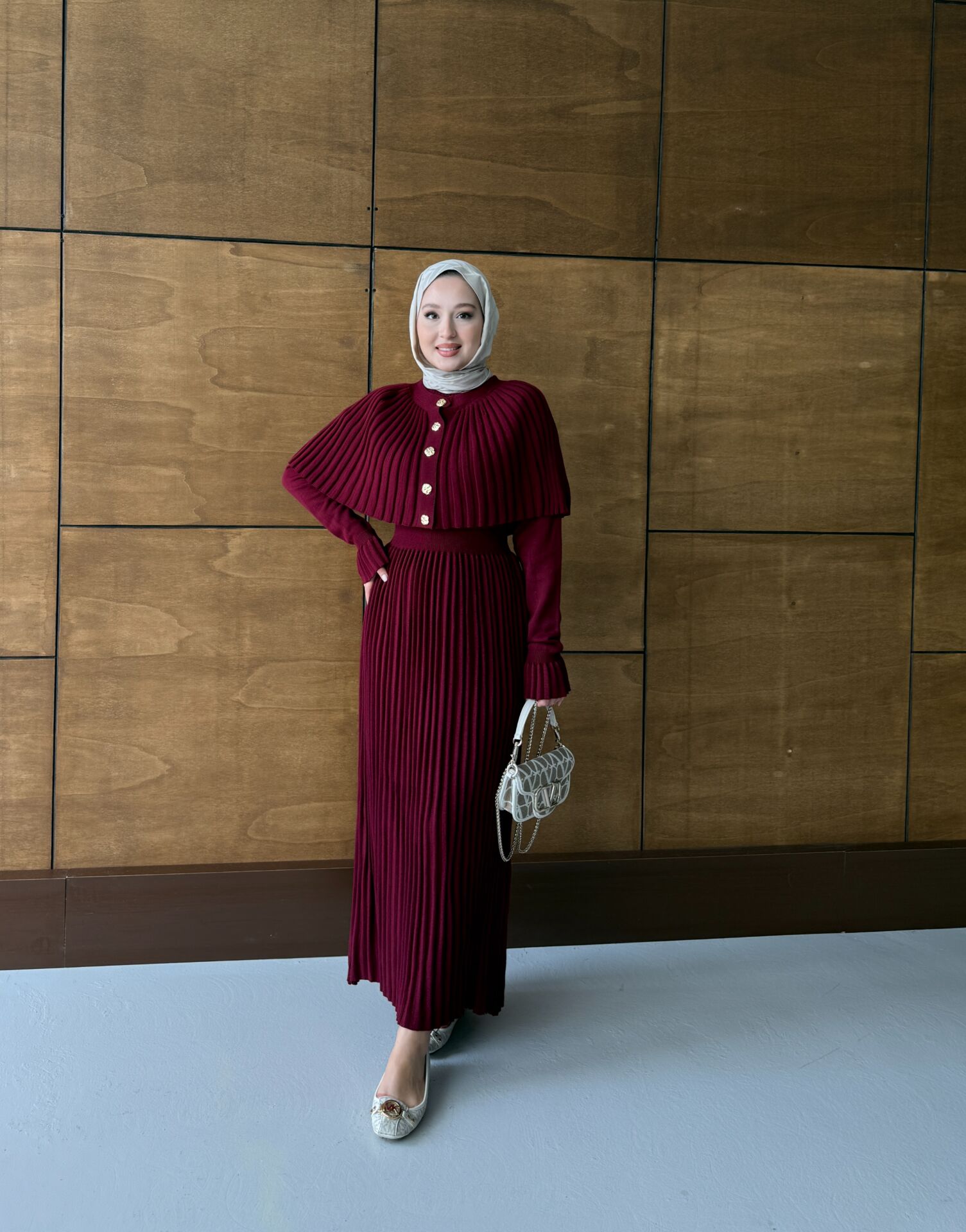 Pelerin Detaylı Triko Elbise Bordo