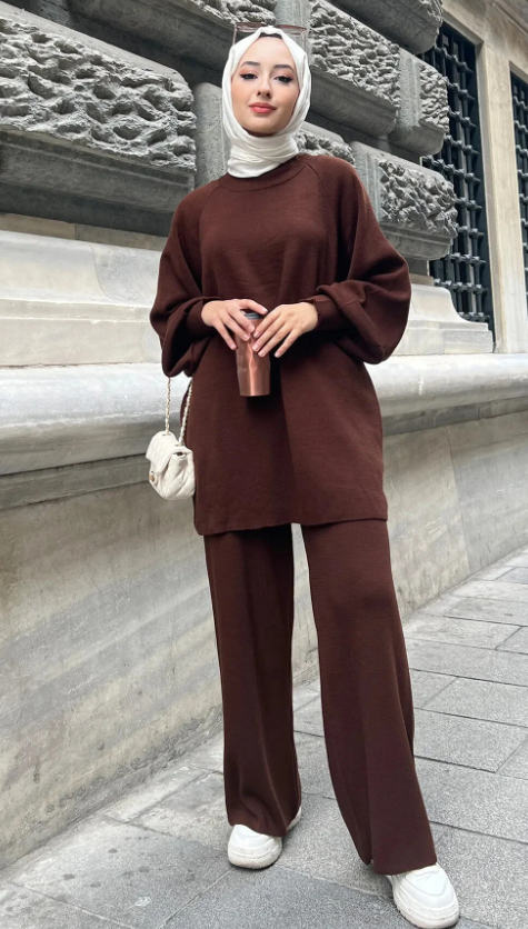 Balon Kol Triko Takım Kahverengi