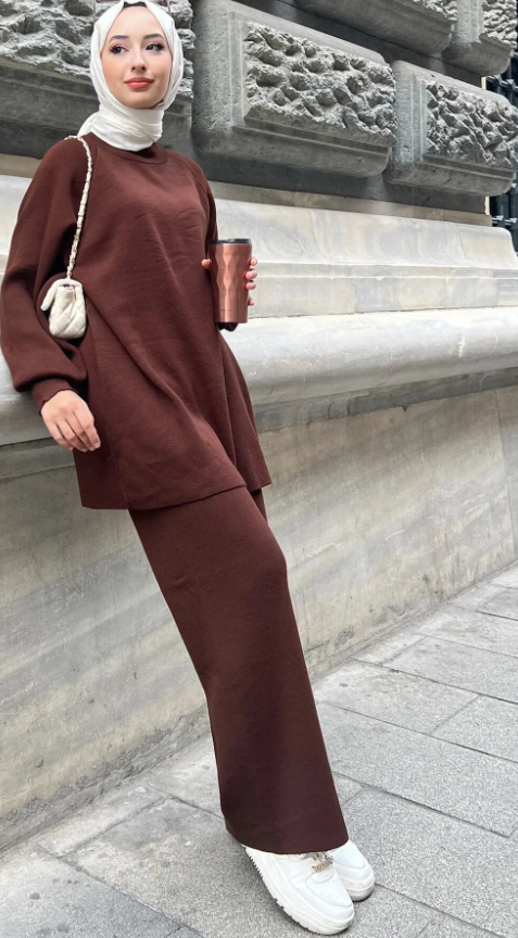 Balon Kol Triko Takım Kahverengi