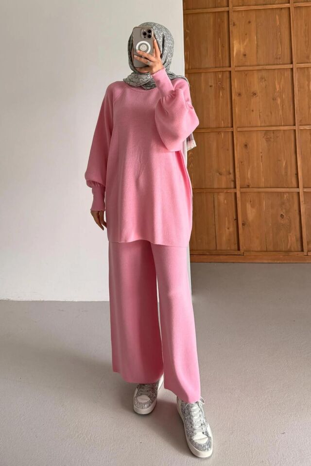 Balon Kol Triko Takım Pembe