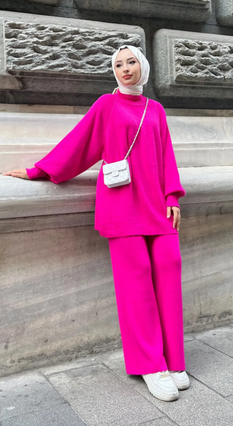 Balon Kol Triko Takım Fuşya