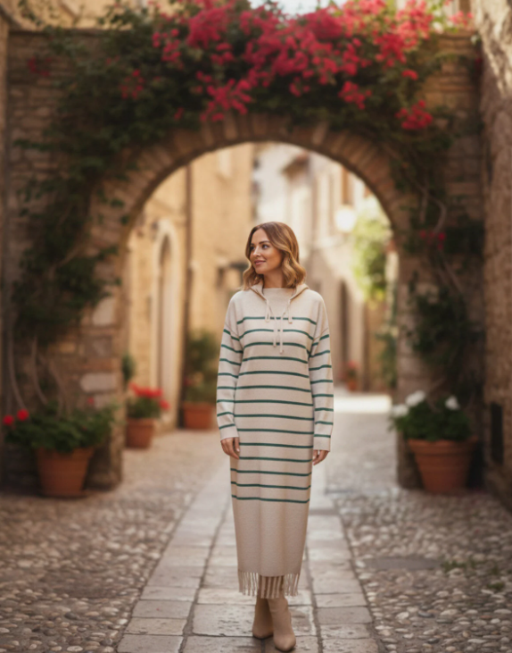 Püskül Detaylı Triko Elbise Taş