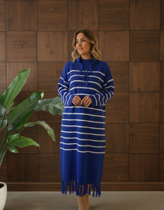 Püskül Detaylı Triko Elbise Saks