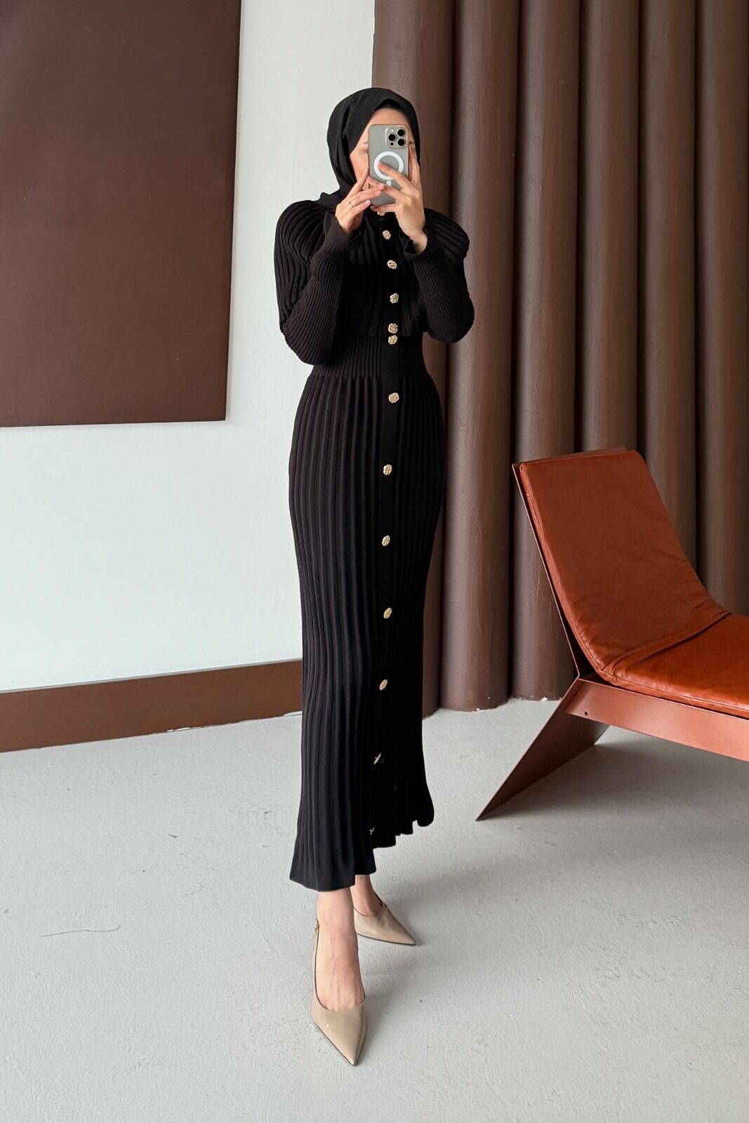 Düğme Detaylı Pelerinli Elbise Siyah