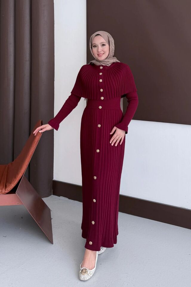 Düğme Detaylı Pelerinli Elbise Bordo