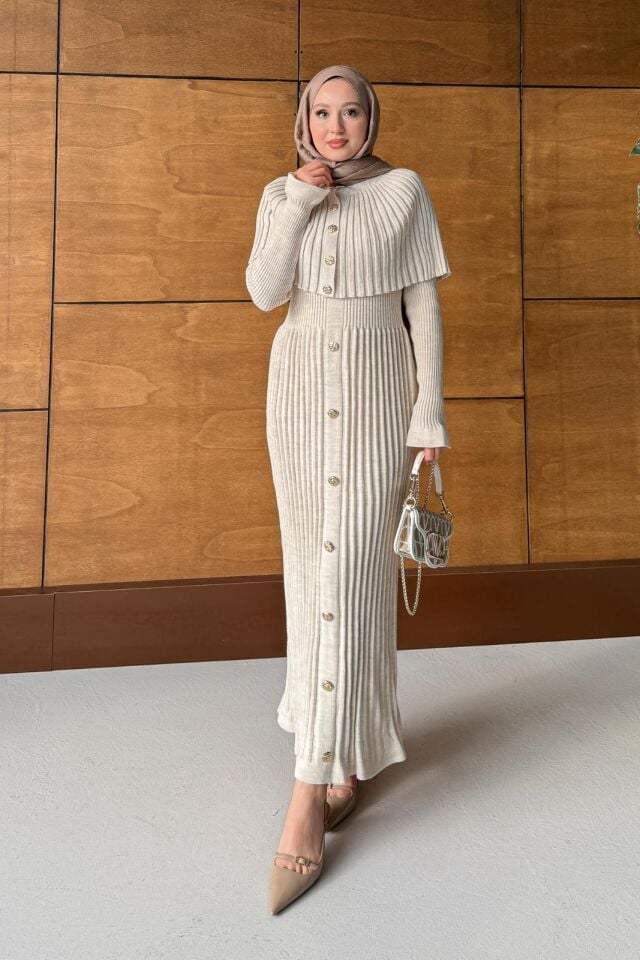 Düğme Detaylı Pelerinli Elbise Taş