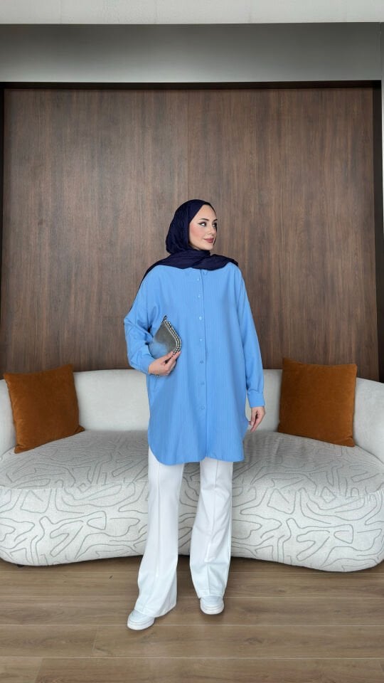 Alaçatı Çizgili Gömlek Mavi