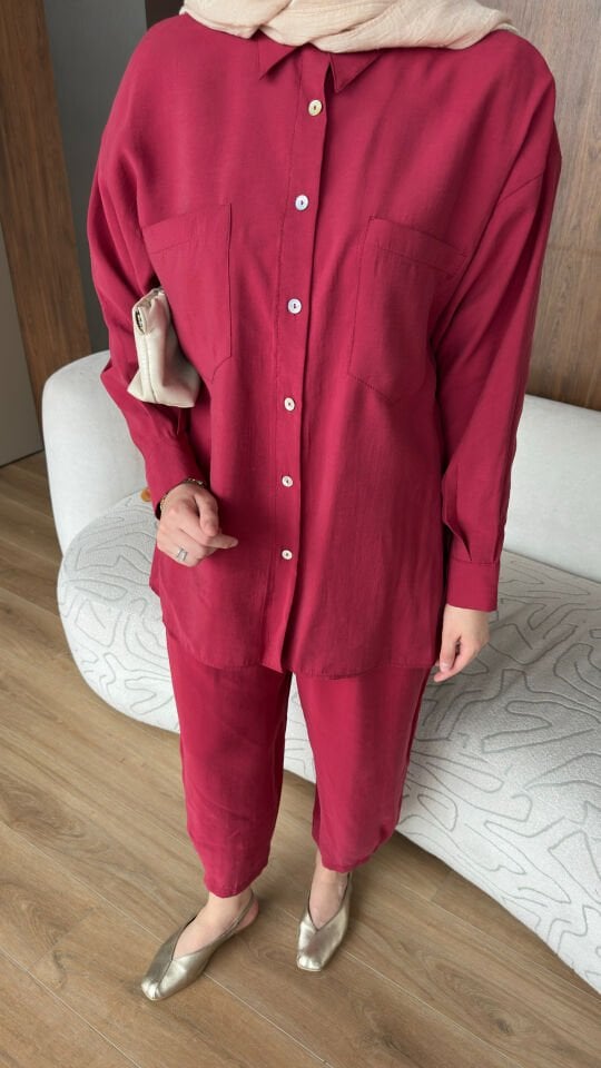 Sedef Düğmeli Takım 2 - Bordo