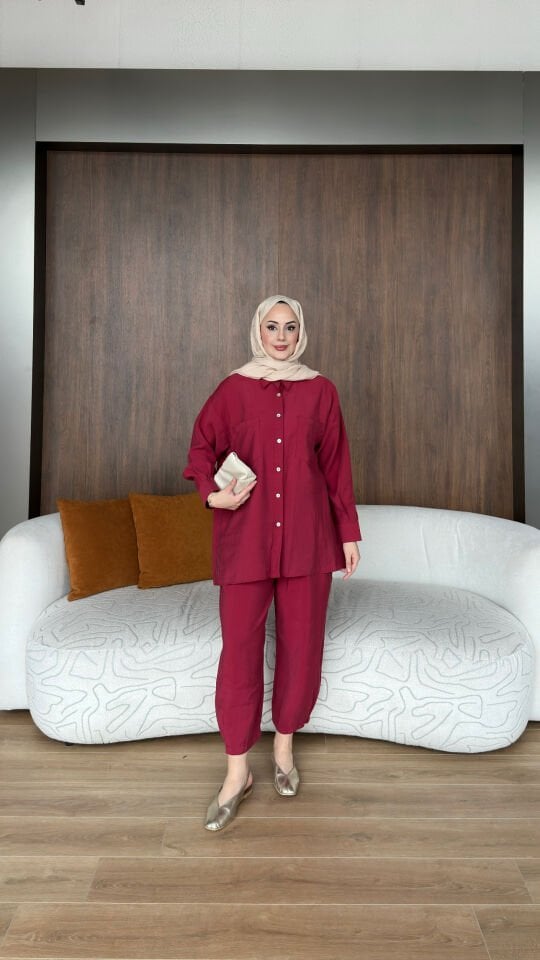 Sedef Düğmeli Takım 2 - Bordo