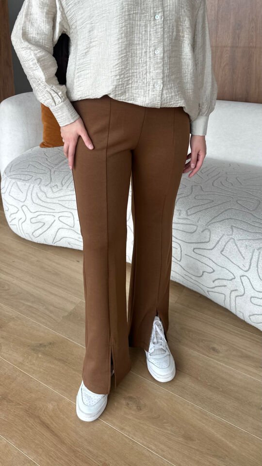 Yırtmaçlı Modal Pantolon 3 - Kahverengi