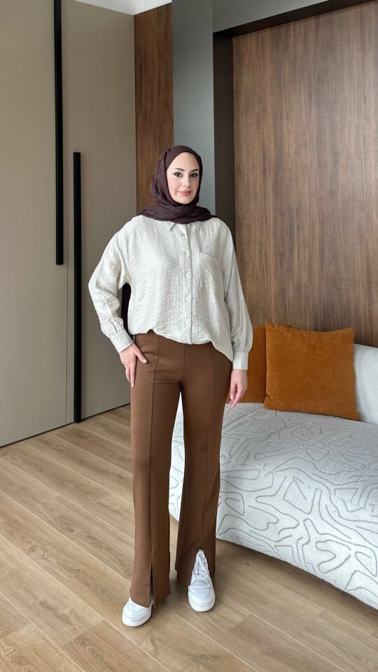 Yırtmaçlı Modal Pantolon 3 - Kahverengi