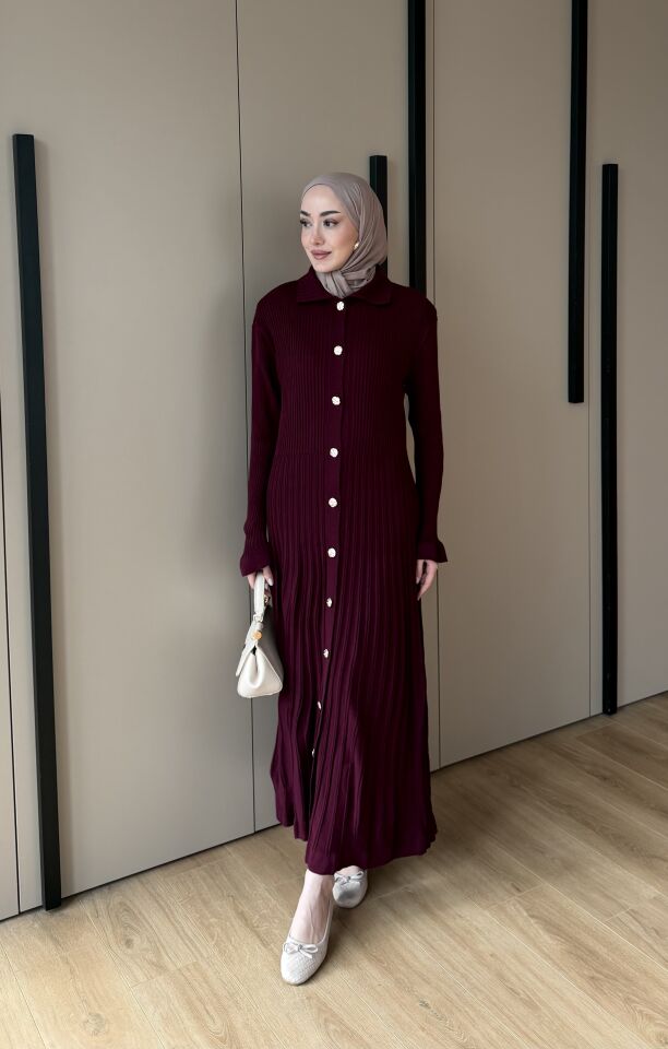 10 Düğmeli Triko Elbise Bordo