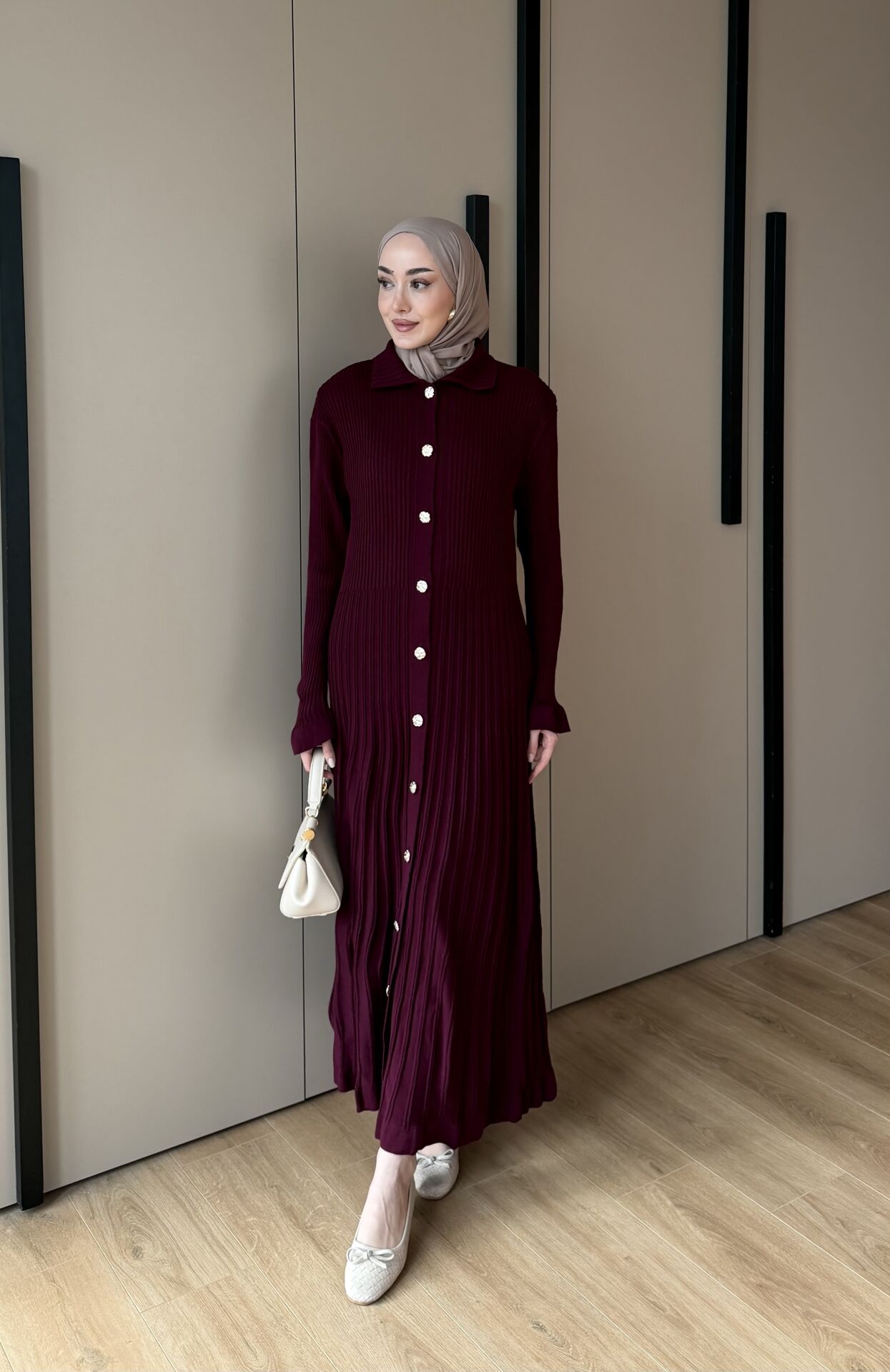 10 Düğmeli Triko Elbise Bordo