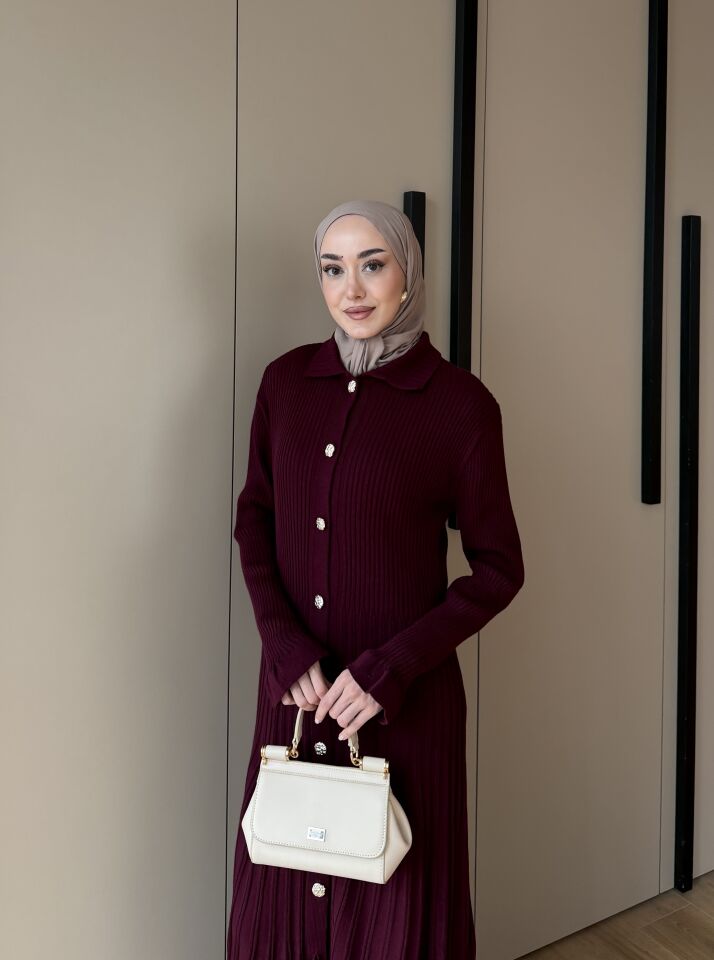 10 Düğmeli Triko Elbise Bordo