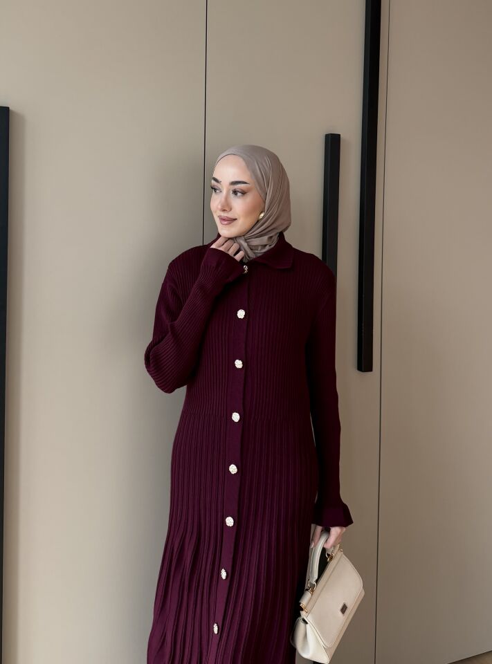 10 Düğmeli Triko Elbise Bordo