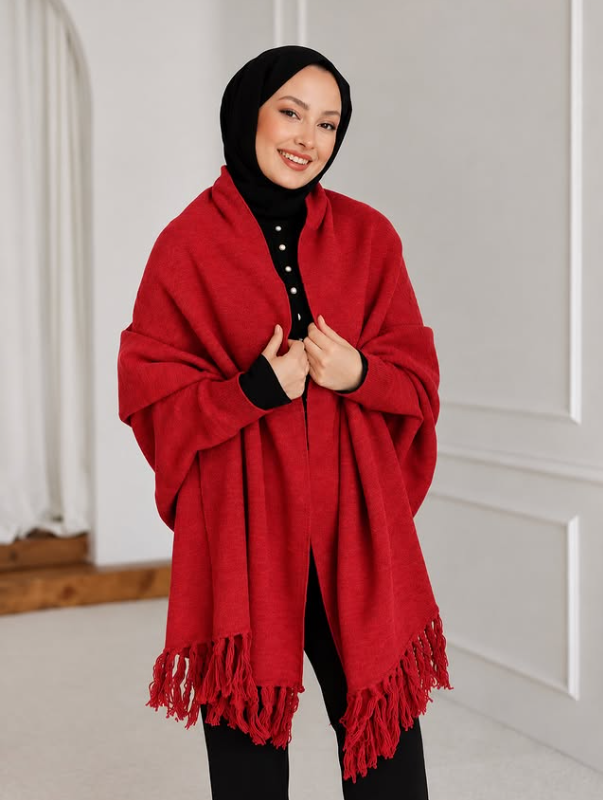 Triko Şal Panço Kırmızı