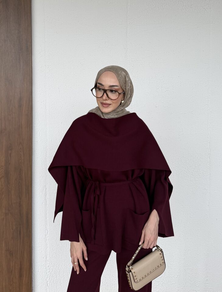 Düğme Detaylı Kaşkollu Takım Bordo