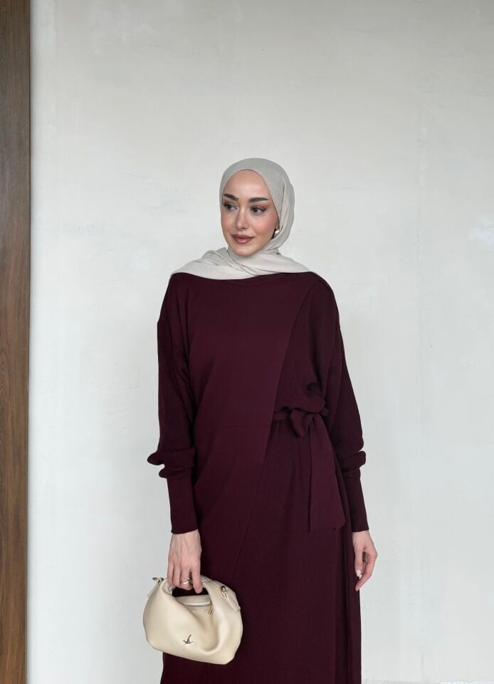 Kuşaklı Dokuma Detaylı Uzun Elbise Bordo
