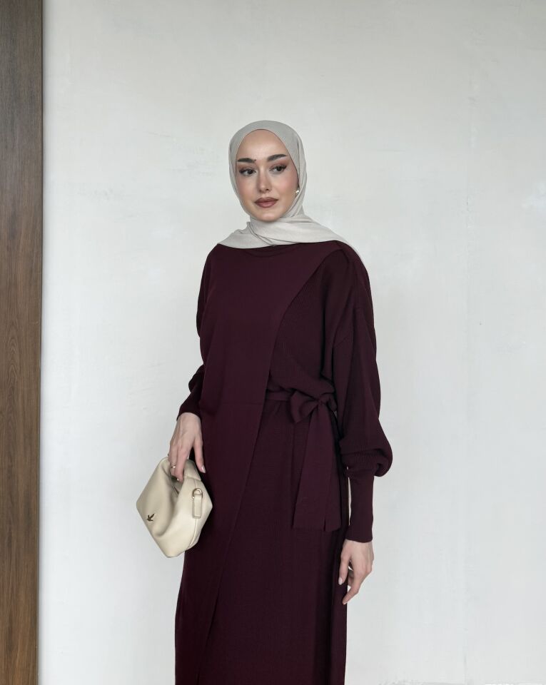 Kuşaklı Dokuma Detaylı Uzun Elbise Bordo