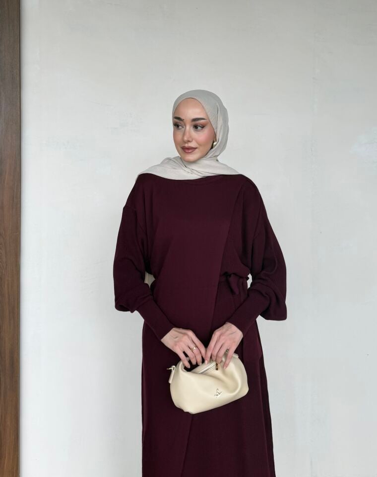 Kuşaklı Dokuma Detaylı Uzun Elbise Bordo